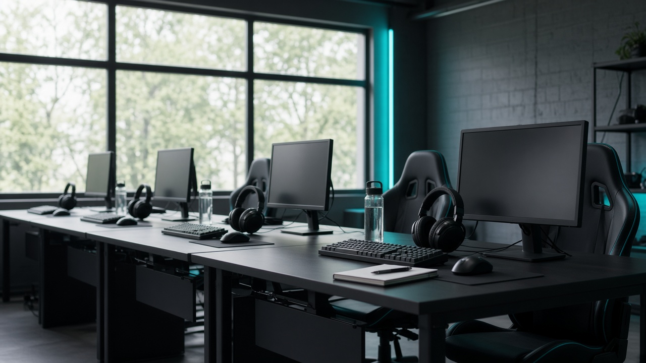 Salle de bootcamp avec plusieurs postes de jeu alignés devant de grandes fenêtres