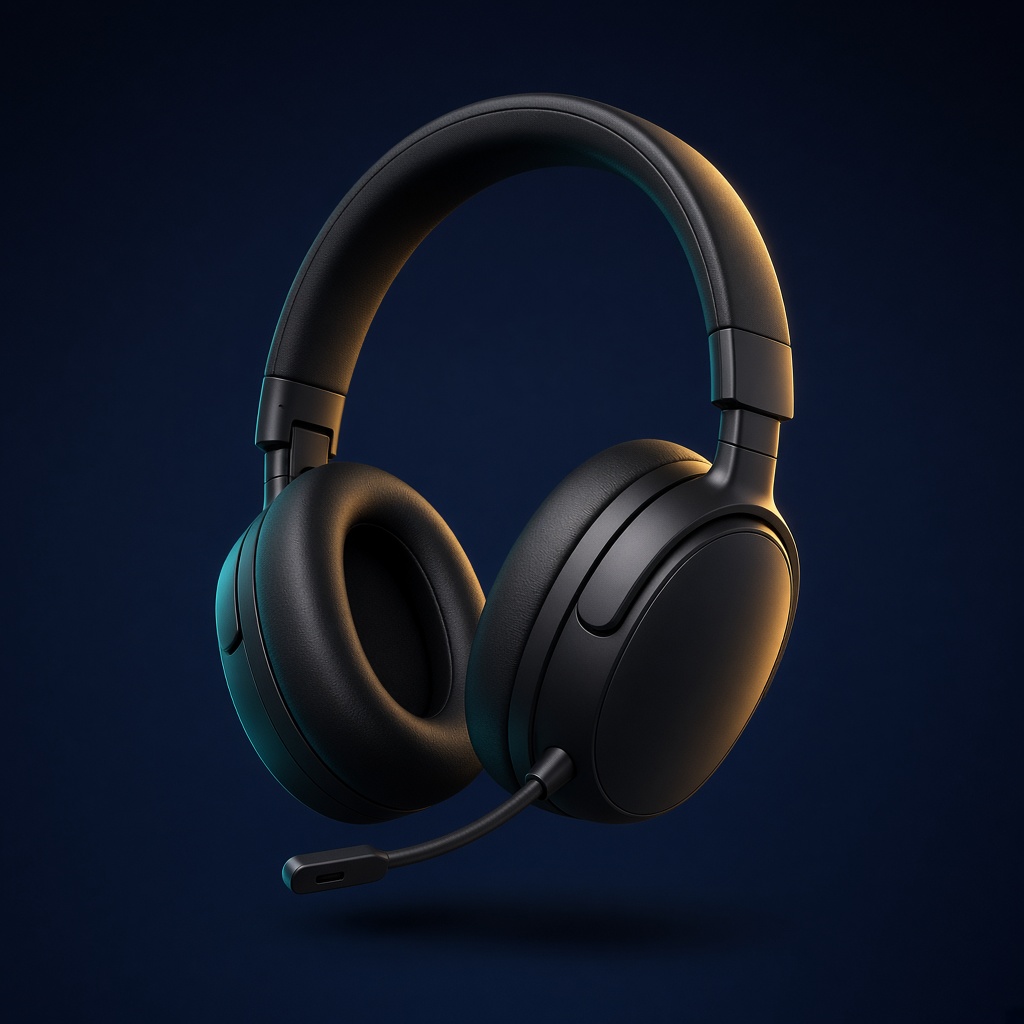 Casque audio noir sur fond marine, éclairage doré