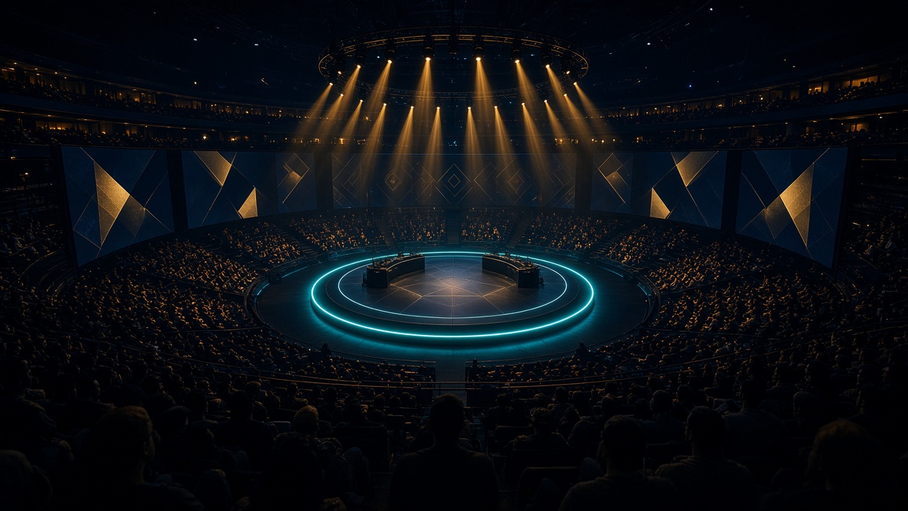 Arène circulaire éclairée d'un anneau turquoise, salle comble pour une finale esport