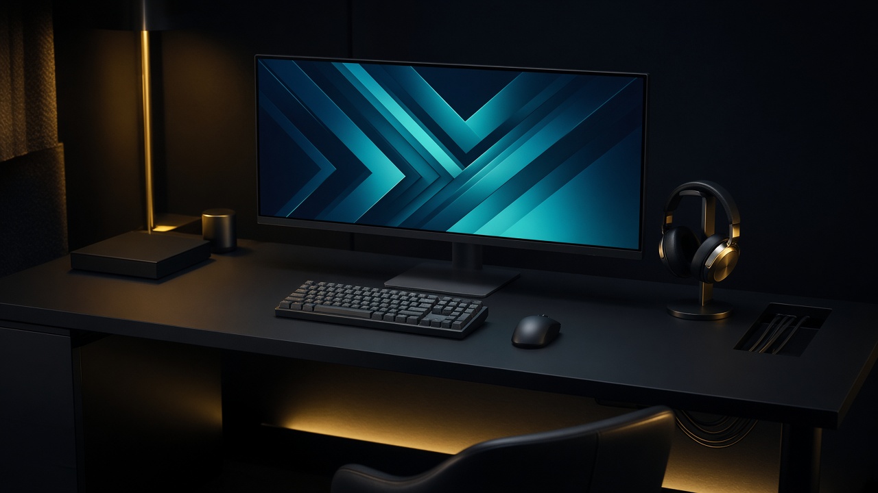 Bureau de compétition avec écran ultralarge, clavier et casque sur support