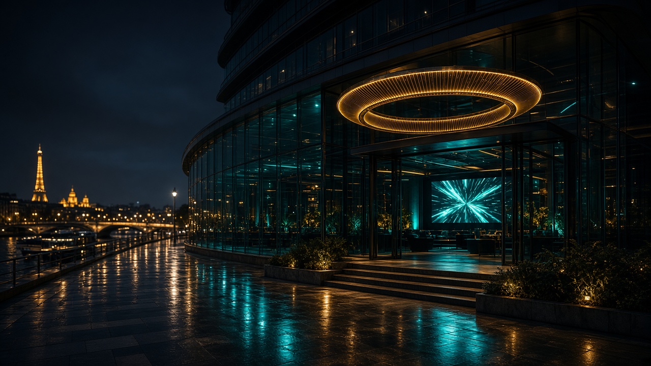 Façade vitrée d'une salle parisienne la nuit, anneau doré au-dessus de l'entrée